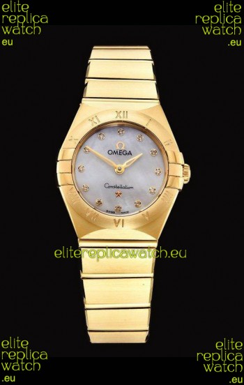 Omega Constellation Ladies Swiss Quartz 1:1 Mirror Replica - Yellow Gold Casing White Pearl Dial