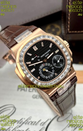 Patek Philippe Nautilus 5712R 1:1 Quality Swiss Replica Watch in Black Dial Brown Strap