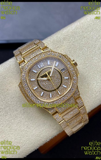 Patek Philippe Nautilus 7010 Diamonds Paved Yellow Gold 32MM 1:1 Mirror Replica - Genuine Diamonds