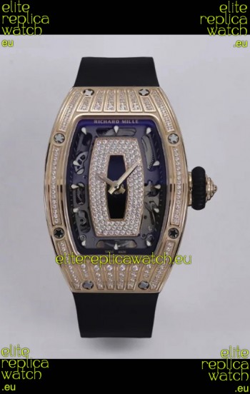 Richard Mille Super Clone RM07-01 Diamonds Paved 904L Rose Gold Casing Automatic Replica Watch