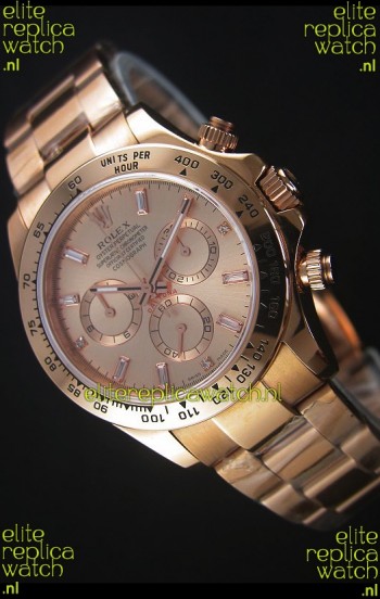 Rolex Daytona Rose Gold Casing with Baguette Diamonds Markers Swiss Replica Watch