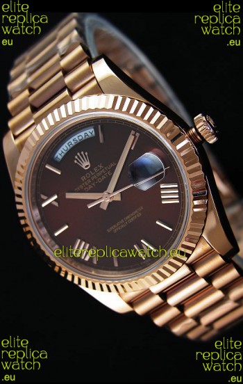 Rolex Day Date Japanese Replica Watch - Rose Gold Casing in Maroon Dial 40MM
