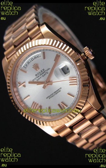 Rolex Day Date Japanese Replica Watch - Rose Gold Casing in Steel Dial 40MM