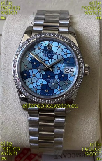 Rolex Datejust Ladies 31MM Cal.3135 Movement Swiss Replica Blue Motif Diamonds Bezel in 904L Steel Casing