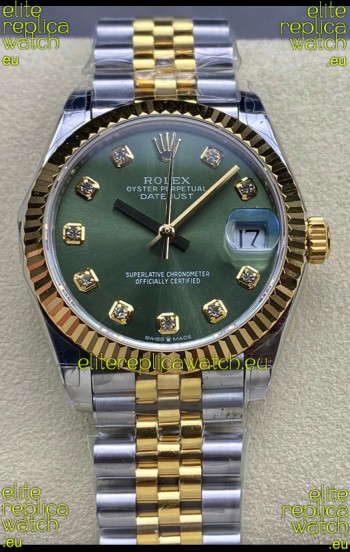 Rolex Datejust 31MM Swiss Watch in 904L Steel Two Tone Yellow Green Dial 1:1 Mirror Replica