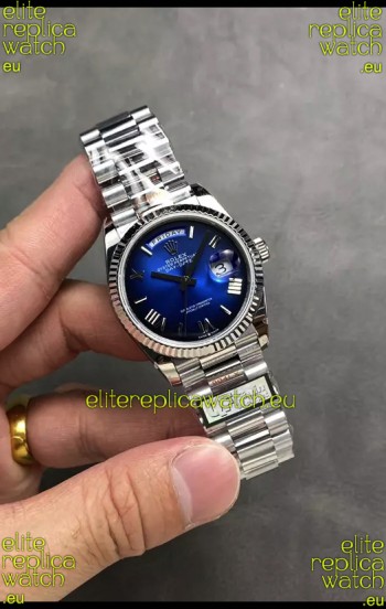 Rolex Day Date Super Clone Stainless Steel Blue Dial Large Roman Numerals Watch 36MM - 1:1 Mirror Quality