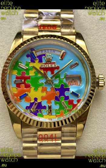 Rolex Day Date Emoji Jig-Saw Puzzle Yellow Gold Casing Swiss Replica Watch 