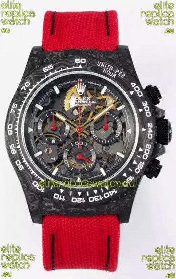 Rolex Daytona Super Clone DiW Skeleton Carbon Edition Watch - Forged Carbon Casing Red Strap 1:1 Mirror Replica