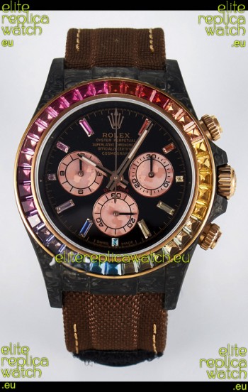 Rolex Daytona Super Clone DiW Carbon Edition Rainbow Bezel - Forged Carbon Casing Khaki Strap 1:1 Mirror Replica