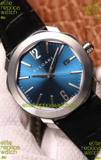 Bvlgari Octo Roma Edition 1:1 Mirror Replica in 904L Steel Casing - Steel Blue Dial Leather Strap