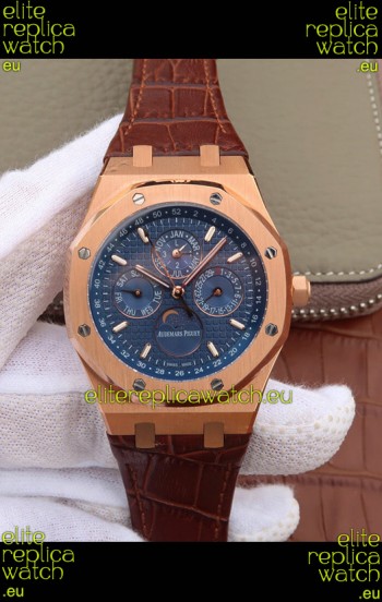 Audemars Piguet Royal Oak Perpetual Calendar Swiss Replica Rose Gold Casing Watch in Blue Dial