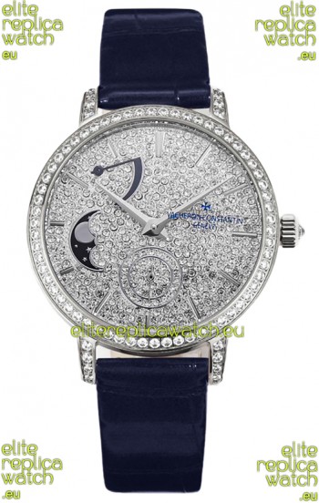 Vacheron Constantin Traditionelle Moon Phase Diamond Paved Dial in White Gold Swiss Replica