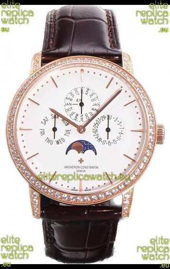Vacheron Constantin Patrimony Perpetual Calendar Ultra-Thin Rose Gold White Dial Swiss Replica