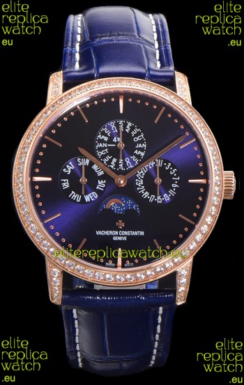 Vacheron Constantin Patrimony Perpetual Calendar Ultra-Thin Rose Gold Blue Dial Swiss Replica