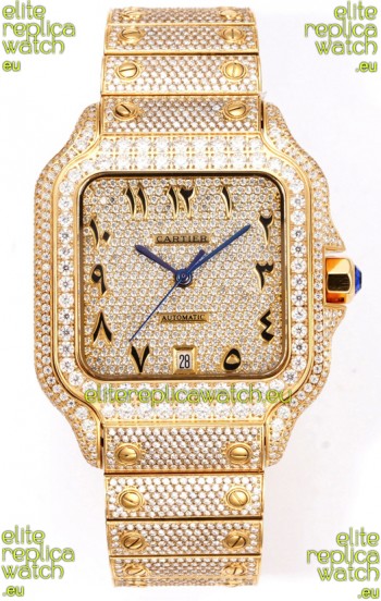 Cartier "Santos De Cartier" Yellow Gold W/ Diamonds Arabic Dial 1:1 Mirror Replica - 40MM - Genuine Diamonds