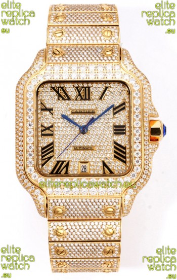 Cartier "Santos De Cartier" Yellow Gold W/ Diamonds Roman Dial 1:1 Mirror Replica - 40MM - Genuine Diamonds