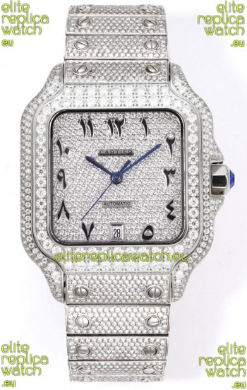 Cartier "Santos De Cartier" Stainless Steel W/ Diamonds Arabic Dial 1:1 Mirror Replica - 40MM - Genuine Diamonds