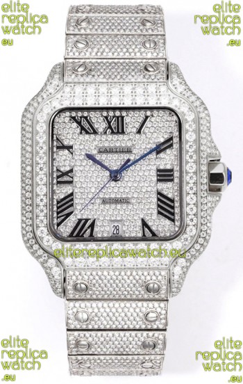 Cartier "Santos De Cartier" Stainless Steel W/ Diamonds Roman Dial 1:1 Mirror Replica - 40MM - Genuine Diamonds