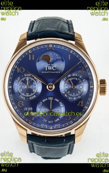 IWC Super Clone Portuguese Perpetual Calendar Rose Gold Blue Dial Replica Watch 
