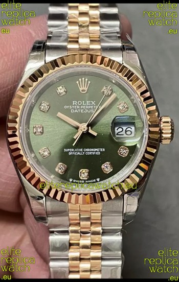 Rolex Datejust Super Clone Green Dial 2 Tone Rose Gold Watch 28MM