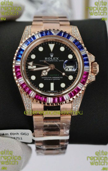 Rolex GMT Masters Super Clone Diamonds Swiss watch with Rose Gold 904L Case - 1:1 Mirror Quality