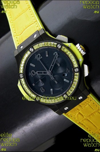 Hublot Big Bang All Black Edition in Lemon Strap and Baguette Diamonds Bezel