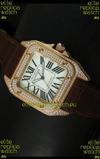 Cartier Santos 100 1:1 Mirror Replica Rose Gold Diamonds Watch 42MM
