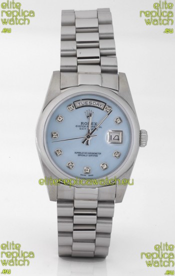 Rolex Day Date Silver Japanese Replica Watch in Mother Of Pearl Blue Dial