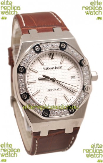 Audemars Piguet Royal Oak Steel Swiss Watch in Brown Leather Strap