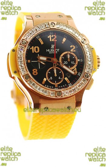 Hublot Big Bang Swis Watch Yellow Strap Black Dial Pink Gold Case
