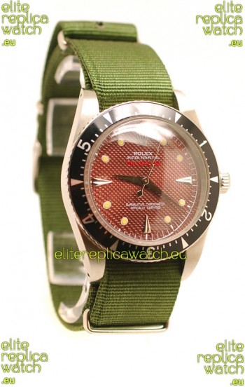 Rolex Submariner Swiss Watch in Green Nylon Strap Red Dial