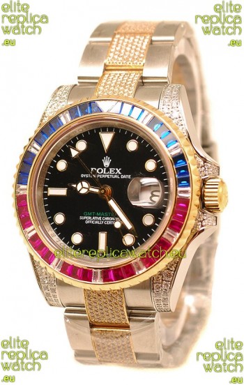 Rolex GMT Masters II 2011 Edition Swiss Replica Two Tone Watch with Diamonds Casing and Bezel