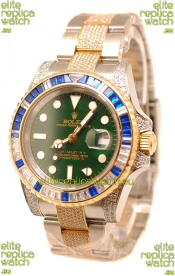 Rolex GMT Masters II 2011 Edition Swiss Replica Two Tone Watch with Diamonds Casing and Bezel