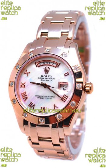 Rolex Day Date White Mother of Pearl Japanese Replica Watch in Roman Markers