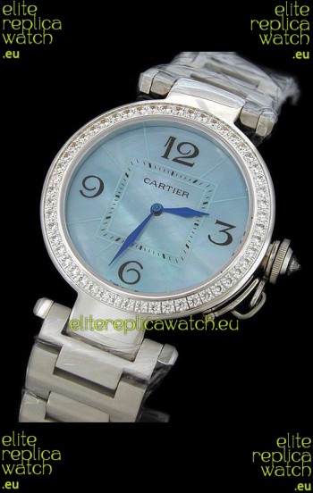 Cartier Pasha de Swiss Replica Automatic Watch in Light Blue Dial
