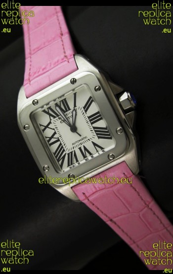 Cartier Santos Swiss Replica Automatic Watch in Pink Strap