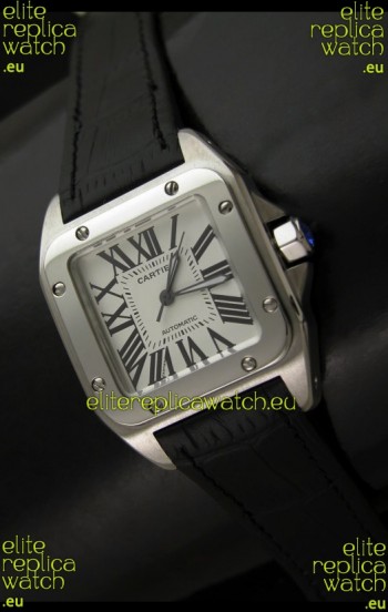 Cartier Santos in Swiss Replica Automatic Watch in Black Strap