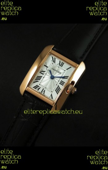 Cartier Louis Japanese Replica Ladies Rose Gold Watch in Black Strap