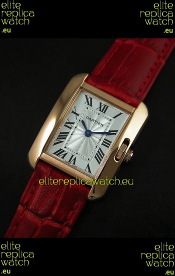 Cartier Louis Japanese Replica Ladies Rose Gold Watch in Red Strap