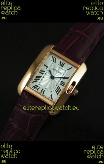 Cartier Louis Japanese Replica Ladies Rose Gold Watch in Red Wine Strap