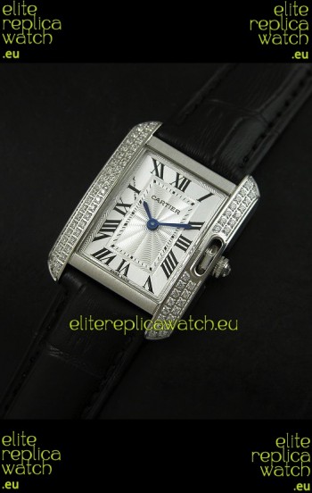Cartier Louis Japanese Replica Ladies Diamond Watch in Black Strap