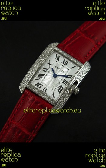Cartier Louis Japanese Replica Ladies Diamond Watch in Red Strap