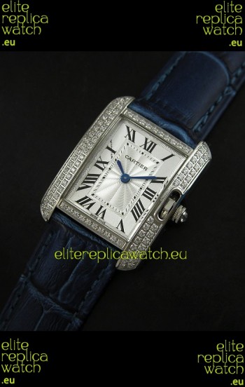 Cartier Louis Japanese Replica Ladies Diamond Watch in Blue Strap