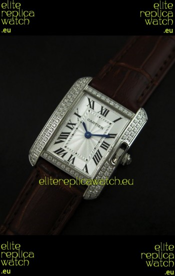 Cartier Louis Japanese Replica Ladies Diamond Watch in Brown Strap