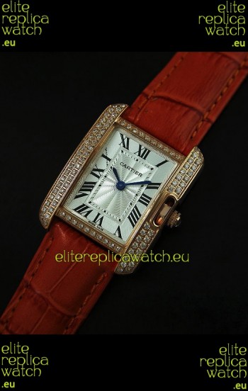 Cartier Louis Japanese Replica Ladies Rose Gold Diamond Watch in Orange Strap