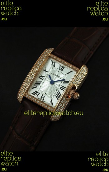 Cartier Louis Japanese Replica Ladies Rose Gold Diamond Watch in Brown Strap