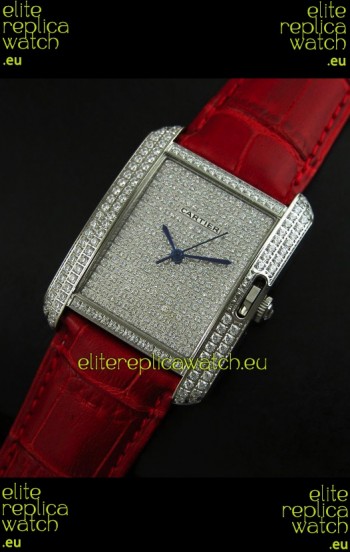 Cartier Tank Anglaise Ladies Replica Watch in Steel/Red Strap