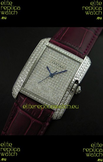 Cartier Tank Anglaise Ladies Replica Watch in Steel/Maroon Strap