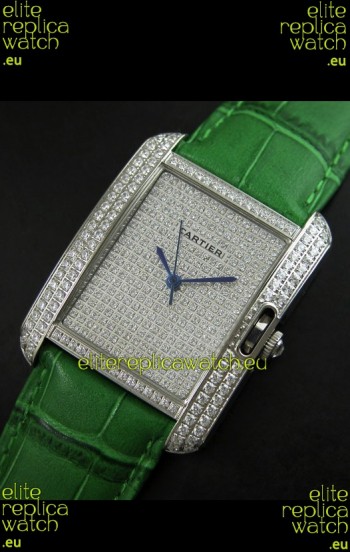 Cartier Tank Anglaise Ladies Replica Watch in Steel/Green Strap