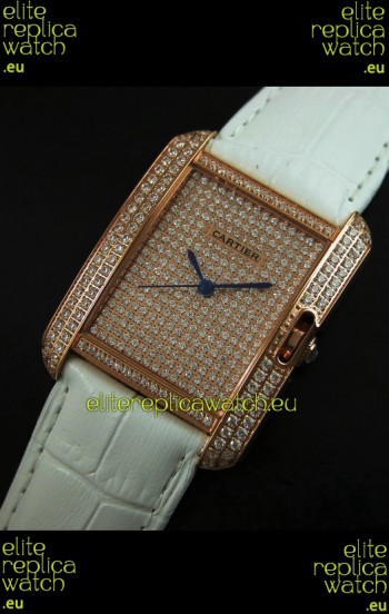 Cartier Tank Anglaise Ladies Replica Watch in Gold Case/White Strap